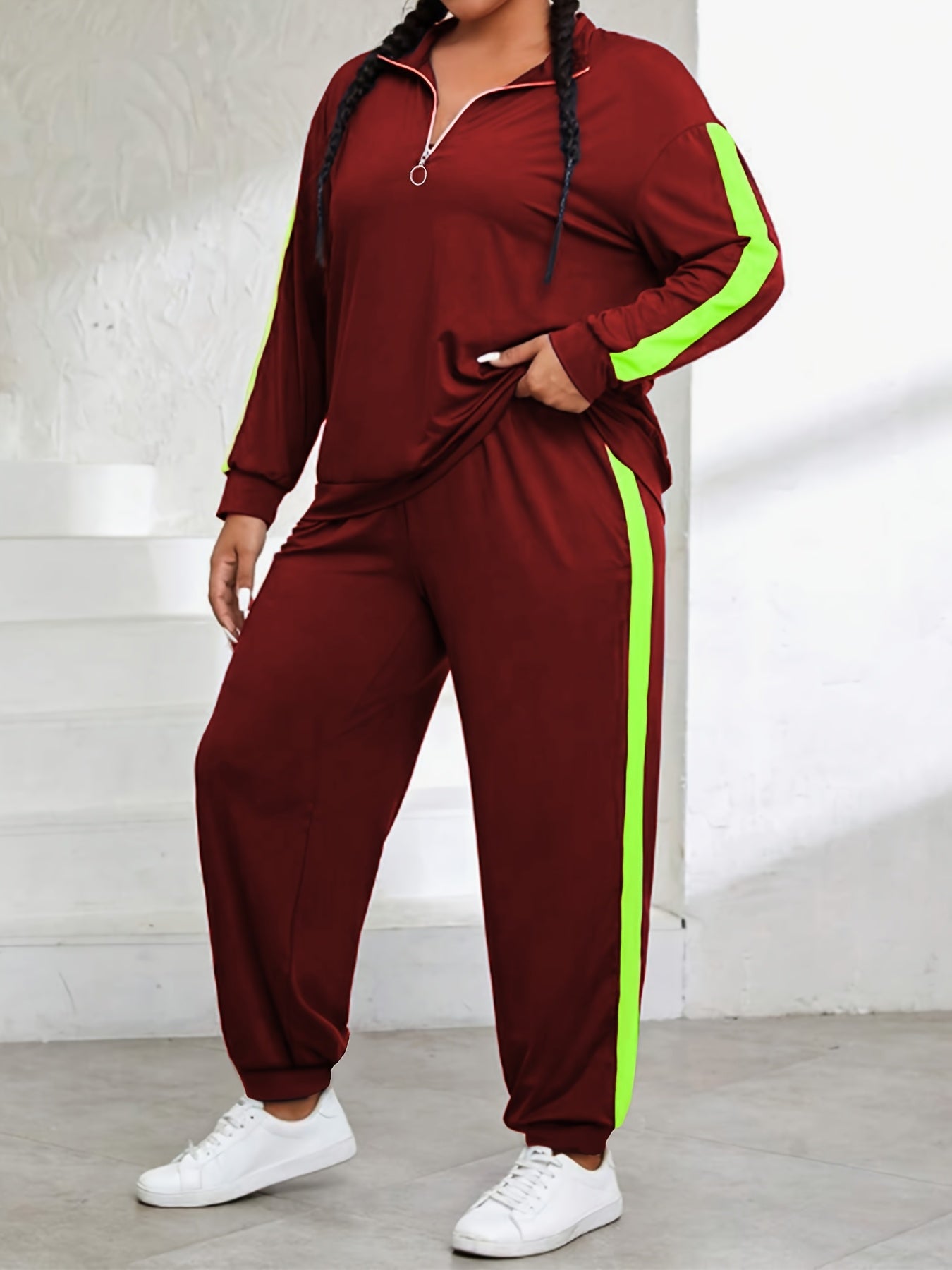 Plus Size, Plus Size Women's Spring And Autumn Contrast Color Casual Suit, Half Zip Pullover Long Sleeve Top And Trousers Two-Piece Set