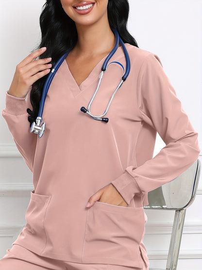 Women's V-Neck Long Sleeve Matte Breathable S Uniform Pockets Wash Clothes Work Shirt Scrubbing Top