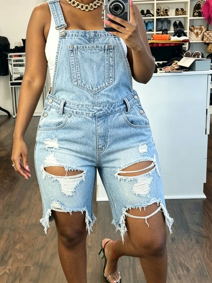 Women'S Denim Overalls - Light Blue Washed Straight Ripped Burrs Denim Jumpsuit