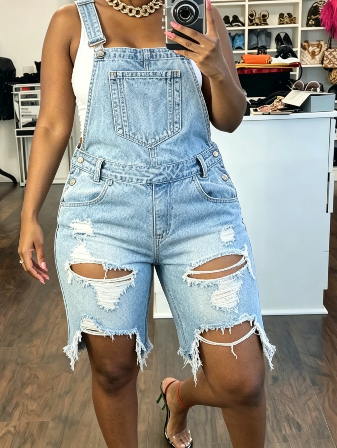Women'S Denim Overalls - Light Blue Washed Straight Ripped Burrs Denim Jumpsuit