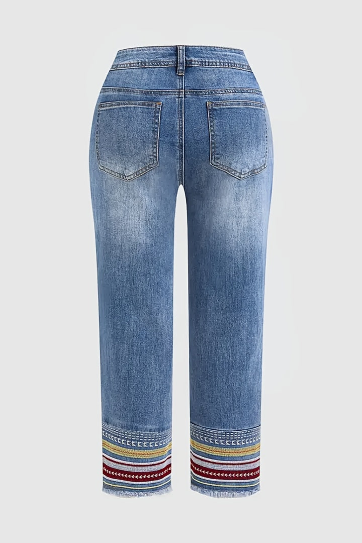 Women'S Plus Size Stone Washed Denim Pants, Ethnic Style Embroidered Skinny Straight Leg Pants