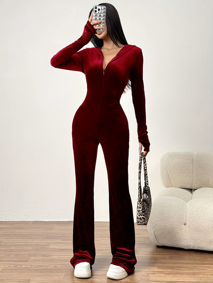 Spring And Autumn Women'S Casual Simple Solid Color Hooded Zipper Velvet Slim Fit Jumpsuit
