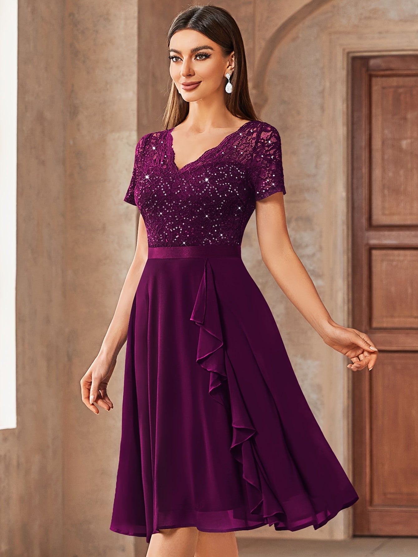 24224 Elegant Womens Sequin Lace Chiffon A Line Bridesmaid Dress, V Neck Short Sleeves, Ruched Ruffle Hem, Perfect for Graduation Season, Wedding Season, Summer Wedding Guest, Evening Party, Cruise Party And Birthday Celebration