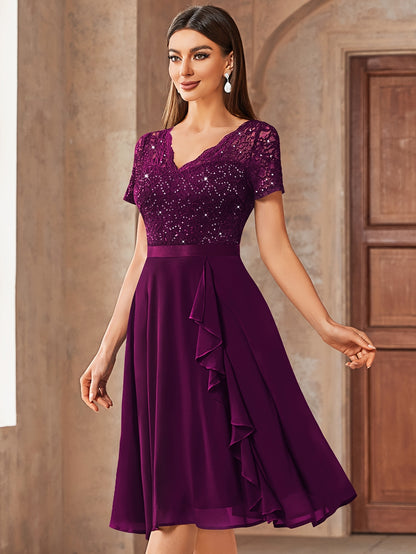 24224 Elegant Womens Sequin Lace Chiffon A Line Bridesmaid Dress, V Neck Short Sleeves, Ruched Ruffle Hem, Perfect for Graduation Season, Wedding Season, Summer Wedding Guest, Evening Party, Cruise Party And Birthday Celebration