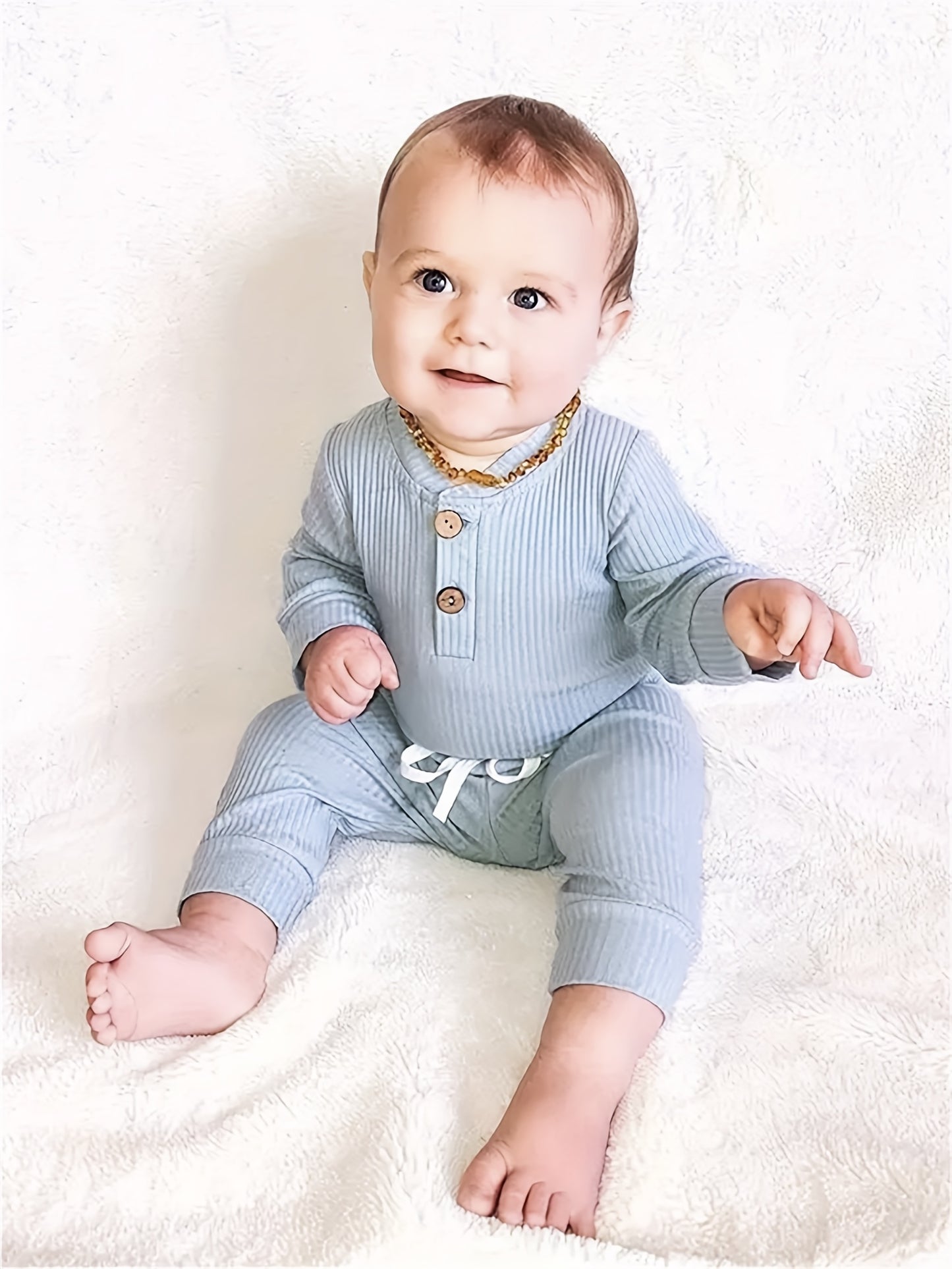 Kukitty Newborn Baby Boys Girls Clothes Unisex Long Sleeve Solid Color Ribbed Bodysuit And Pants Outfits Set, for Outdoor