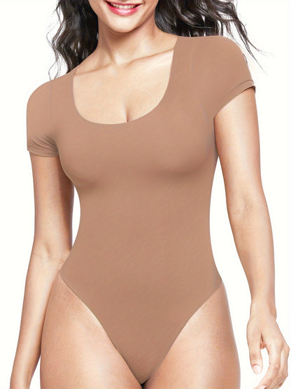 Women's Classic Scoop Neck Short Sleeve Bodysuit - Soft Nude Stretchy Breathable Fabric, Lightweight All-Season Versatile Wear for Office, Vacation & Parties, Sexy Short Sleeves Blouses, Office Outfit, Minimalist Style, Comfortable Fit, Fitted Top, Office
