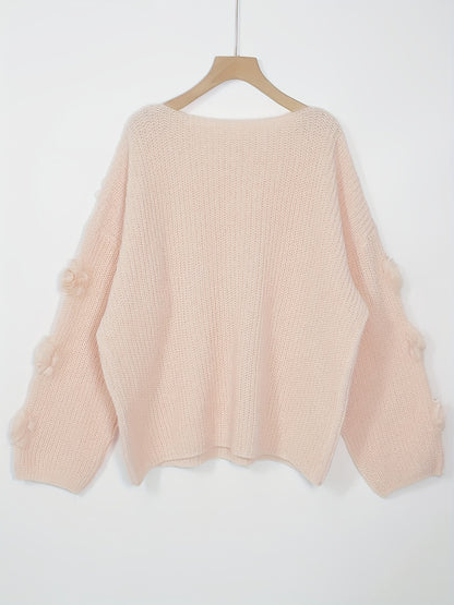 Plus Size - Plus Size - Oversized Pullover, Soft Light Yellow with Rose Lantern Sleeves, Perfect for Casual Outings And Romantic Dates