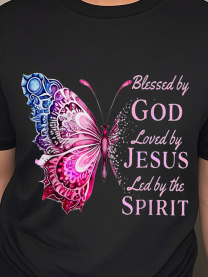 Women'S "Blessed by God, Loved by Jesus, Guided by the Holy Spirit" LED Light Butterfly Pattern T-Shirt- Purely Breathable Casual Short Sleeve Round Neck T-Shirt with Bright Butterfly and Letter Design, Suitable for Daily Leisure, Home Relaxation, S
