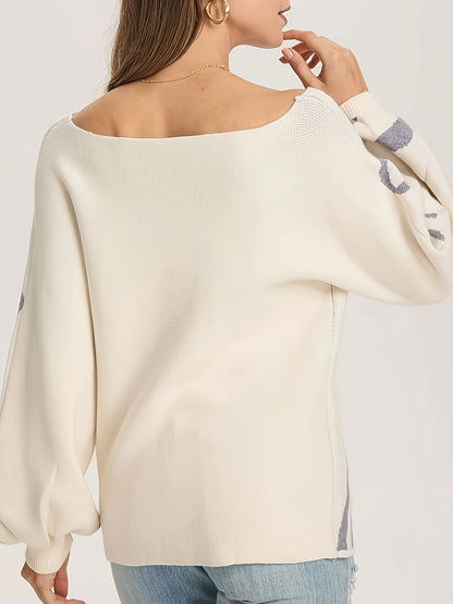 Random Pattern Boat Neck Pullover Sweater, Casual Lantern Sleeve Loose Sweater, Women's Clothing