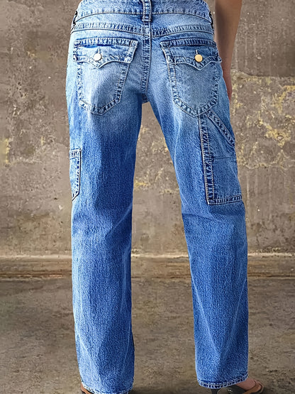 Women's Fashion Washed Blue Cat Whisked White Micro-Elastic Casual Comfortable Straight Working Jeans