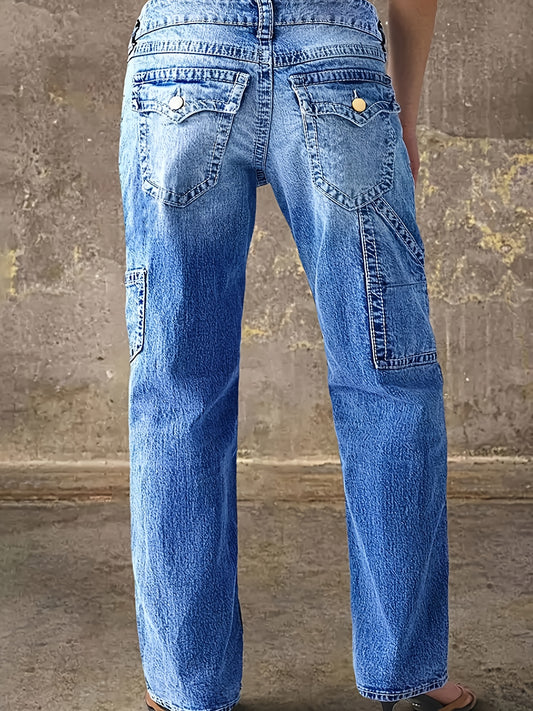 Women's Fashion Washed Blue Cat Whisked White Micro-Elastic Casual Comfortable Straight Working Jeans