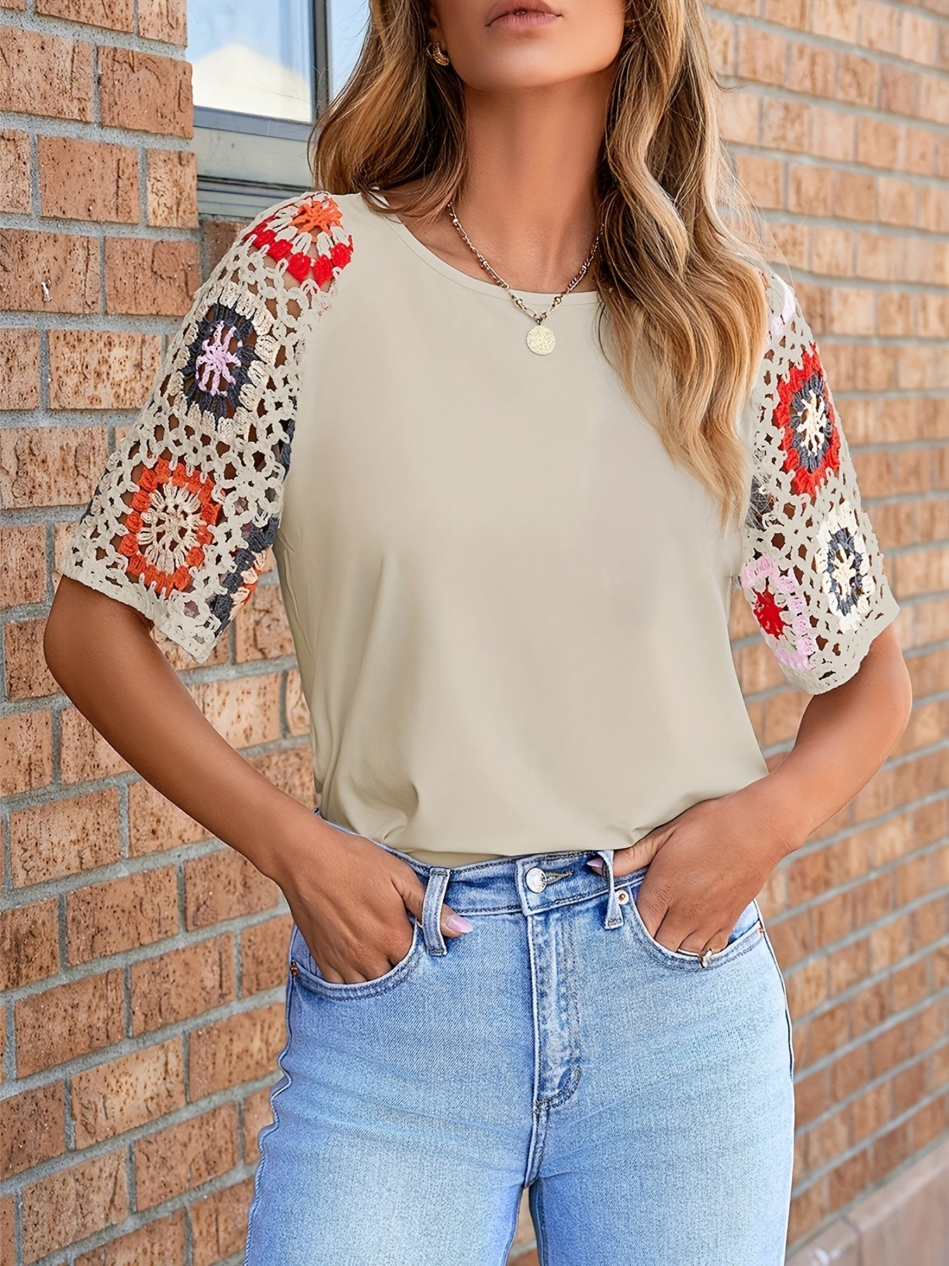 White Floral Crochet Short Sleeve Top