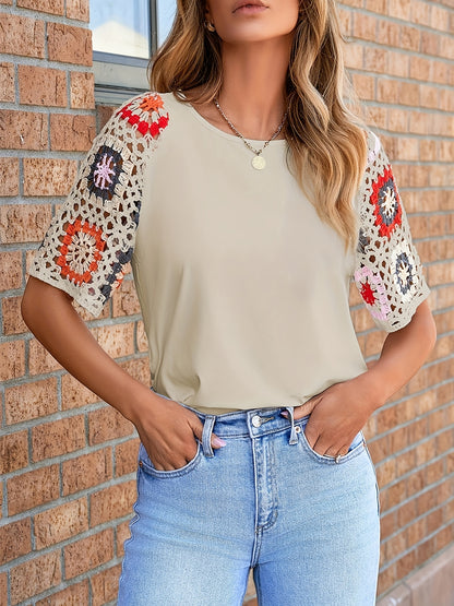White Floral Crochet Short Sleeve Top