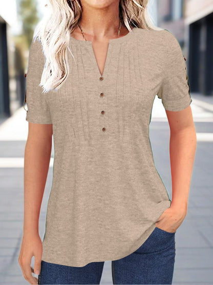 Casual Short-Sleeve Blouse for Women with a Solid Color, Featuring a Pleated Design, Buttoned V-Neck, And a Zipper