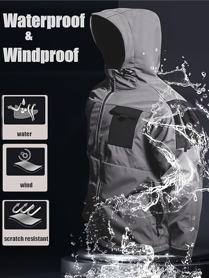 Men's Fleece-Lined Softshell Tactical Winter Jacket with Zip-Up Hooded Coat, Multiple Pockets & Lining - Outdoor Skiing, Hiking, Camping Workwear - Machine Washable Warm Fall/Winter Gear for Cold Weather Activities (Polyester)