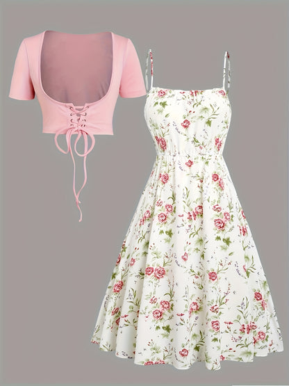 Floral Print Waisted Sleeveless Cami Dress And Solid Lace Up Short Sleeve Crop Top Set