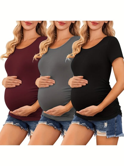 3 Packs Womens Maternity Shirts Side Ruched Pregnancy Tee Top Tunic Blouse Casual Mama Clothes