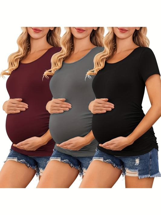 3 Packs Womens Maternity Shirts Side Ruched Pregnancy Tee Top Tunic Blouse Casual Mama Clothes