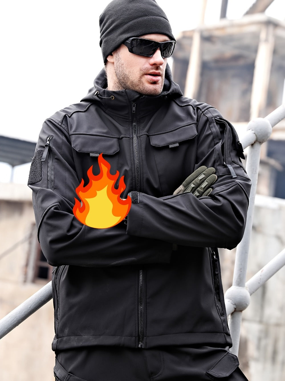 Men's Tactical Softshell Jacket - Hooded Multi-Pocket Windbreaker