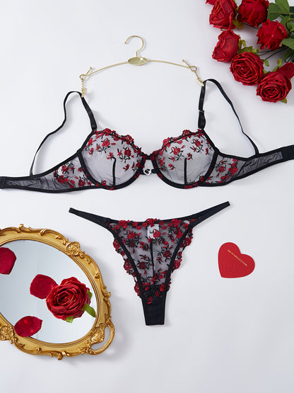 Christmas Gift Women'S Sexy Lingerie Combination Bra Underwear Chic Lingerie Set Available In Soft Pink, Elegant Black-Red, Romantic Burgundy, And Stylish Black-Blue, Vibrant Rose Embroidery On Sheer Mesh And Feminine Ribbon Details