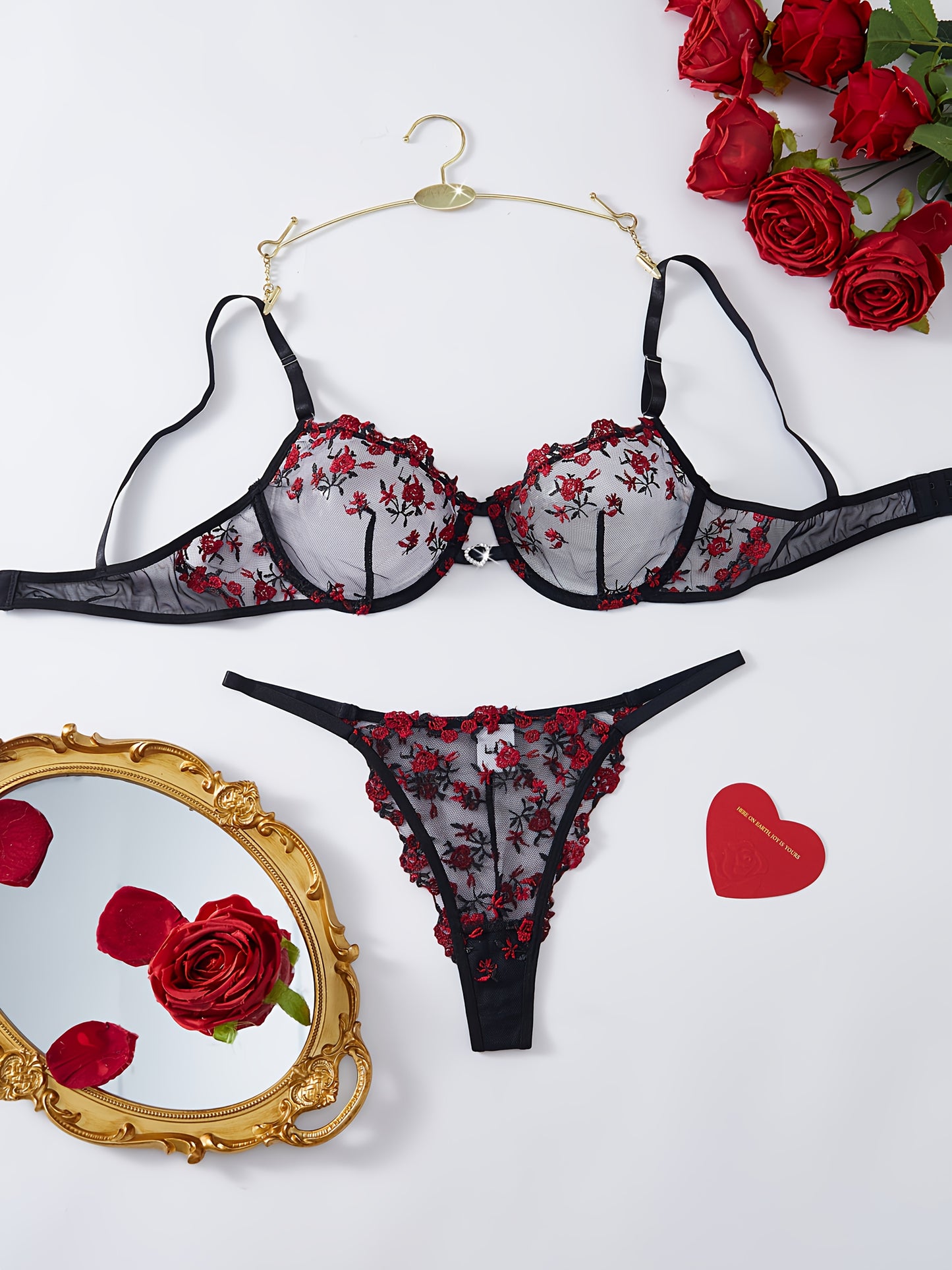Christmas Gift Women'S Sexy Lingerie Combination Bra Underwear Chic Lingerie Set Available In Soft Pink, Elegant Black-Red, Romantic Burgundy, And Stylish Black-Blue, Vibrant Rose Embroidery On Sheer Mesh And Feminine Ribbon Details