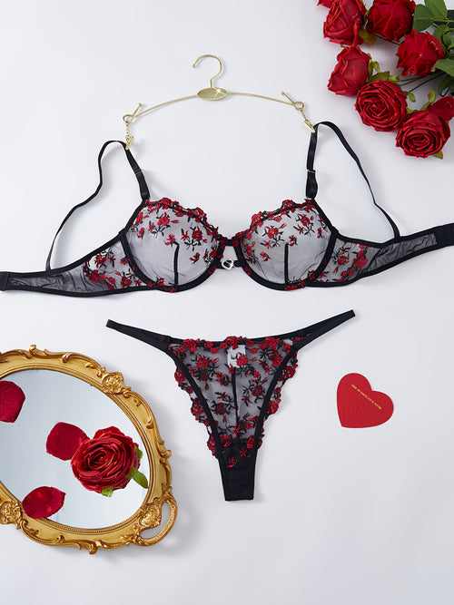 Christmas Gift Women'S Sexy Lingerie Combination Bra Underwear Chic Lingerie Set Available In Soft Pink, Elegant Black-Red, Romantic Burgundy, And Stylish Black-Blue, Vibrant Rose Embroidery On Sheer Mesh And Feminine Ribbon Details