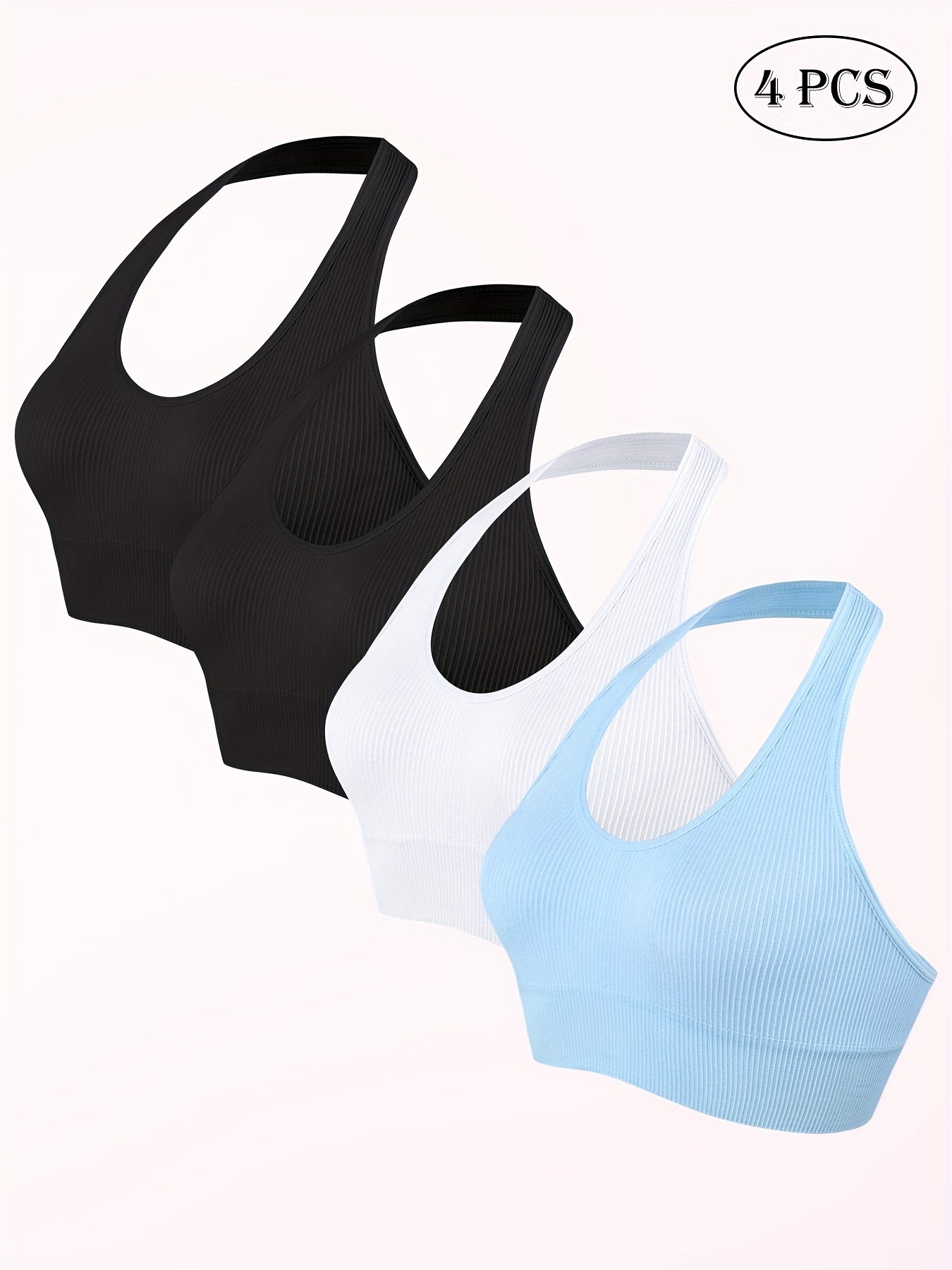 4pcs Neck Hanging Tank Top, Women's Breathable Ribbed Backless Underwear, Women's Sports Yoga Vest Top