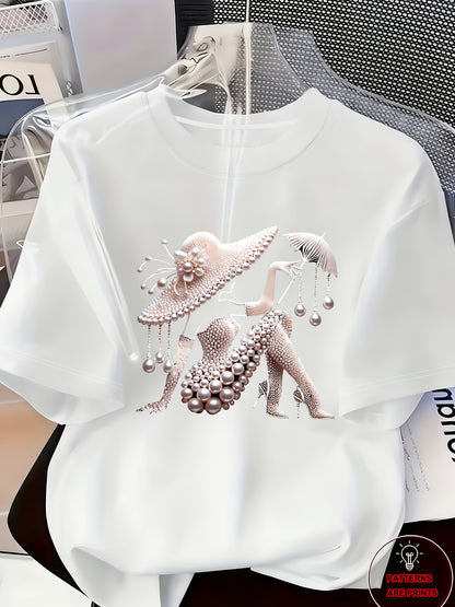 Elegant Light Luxury High-end Temperament Style Wear! Women's Printed T-Shirt-Pearl Diamond Jewelry Women's Design | Light Luxury Gorgeous Daily | Soft and Breathable Upper Body Fabric, Spring and Summer Casual Round Neck Short-sleeved Top