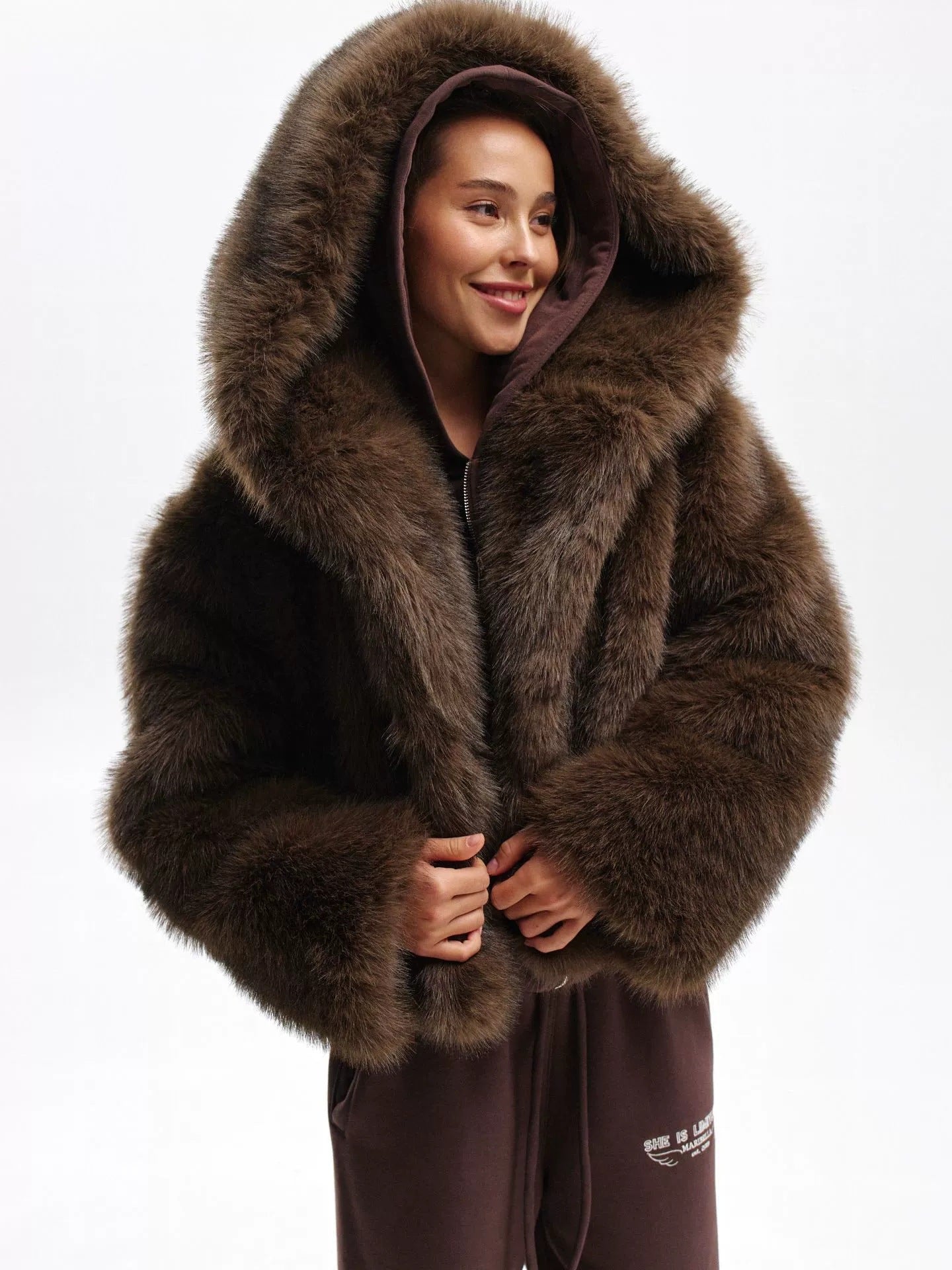 2026 Winter Women'S Pink Faux Hooded Coat, Warm Artificial Fox Overcoat, Stylish Plush Jacket