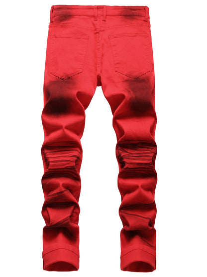 Men's printed slim-fit red stretch casual jeans