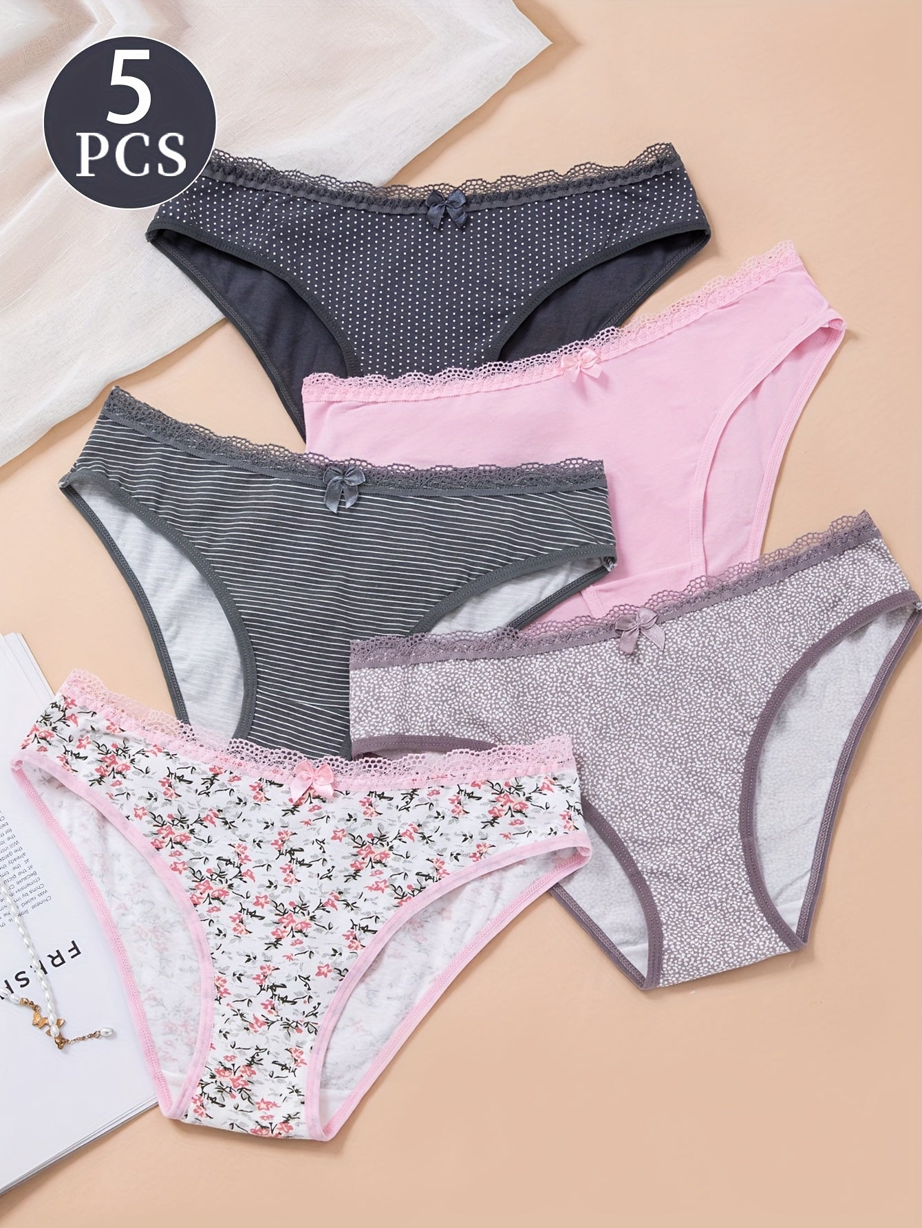 5-Pack Women'S Triangle Panties with Striped and Floral Print, Soft Stretchy 95% Breathable Underwear in Nude Pink - Comfortable & Light Beige-Friendly