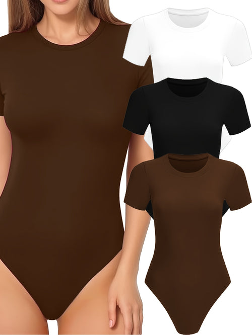 3 Pack Women Bodysuit Tops | Classic Short Sleeve, Stretchy and Cloud Soft, Crew Neck, Slim Fit Casual Wear, Perfect for Daily Clothes Matching, Valentine'S Day Gift, A Must-have for Spring, Summer, and Autumn