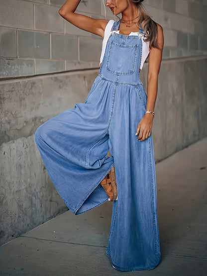 Chic Sleeveless Denim Jumpsuit - Relaxed Fit with Side Pockets, Adjustable Straps - Versatile Day-To-Night Apparel