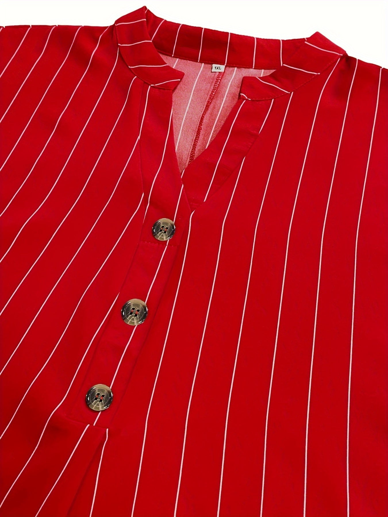 Plus Size, Striped Notch V-Neck Shirt with Faux Buttons Short Sleeve Simple and Plus-Size for Women Casual Top