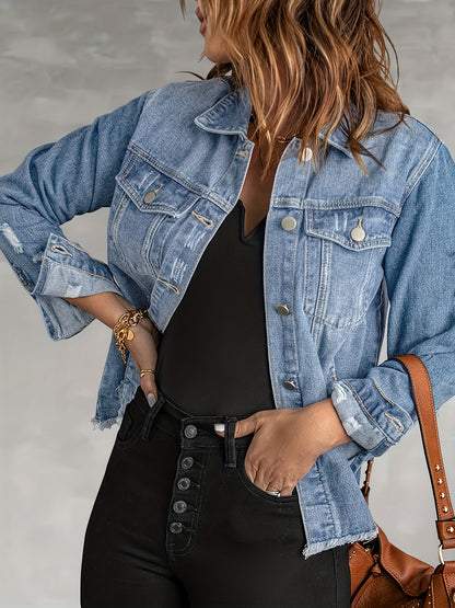 Women's Ripped Washed Button-Up Boyfriend Denim Jacket Coat with Pockets, Casual Classic Distressed Denim Outerwear TZ001