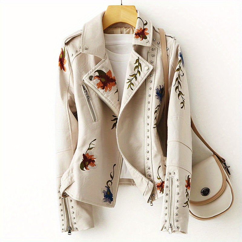 Women Floral Embroidered Moto PU Jacket Coat