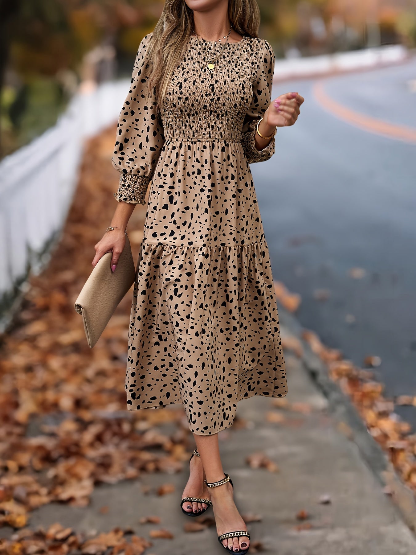 ZAFUL Spring Women's Clothing, Elegant Dress for Ladies with Long Sleeves and Round Neck Leopard Print, Commuting Elegant Dress, Women's Long Skirt