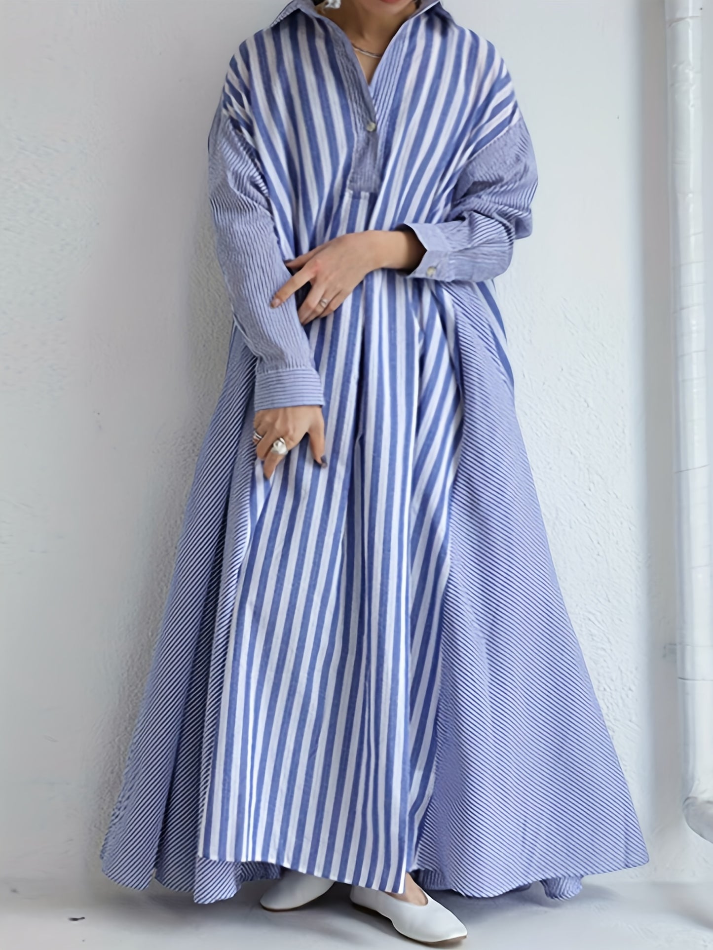 Plus Size - Plus Size - Casual Shirt Dress with Long Sleeves And Striped Stitching Designed for Plus-Size Women