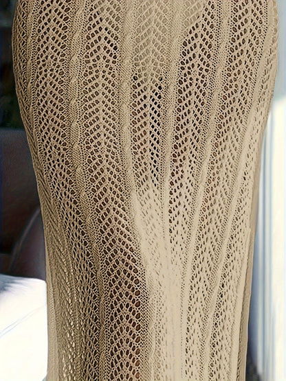 Solid Color Sexy Cover Up Dress, Halter V Neck Hollow Out Semi-Sheer Beach Dress, Women's Swimwear & Clothing