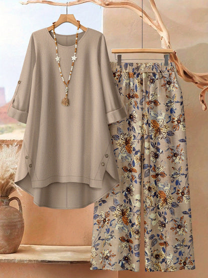 Plus Size, Plus Size - Plus Size - A Stylish 2pcs Ensemble Featuring Oversized Asymmetrical Button-Up Tops for Women, Matched with Printed Wide-Leg Trousers, Radiating Everyday Sophistication