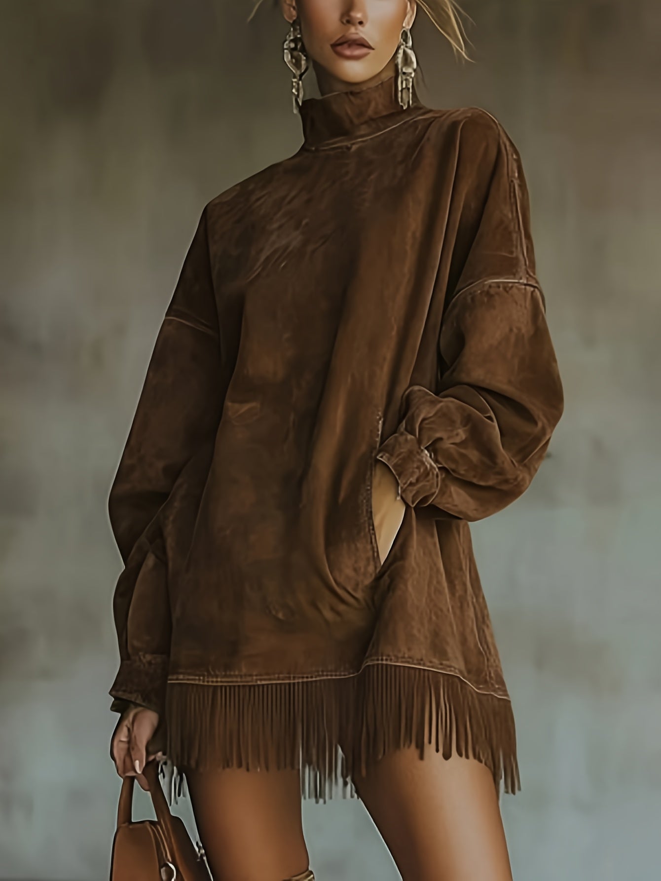 [Lightweight Fringed Skirt] Summer Women's Lightweight Breathable Fringed Mini Skirt, Retro High-Neck Dress, Loose-Padded Long-Sleeved Fringed Skirt