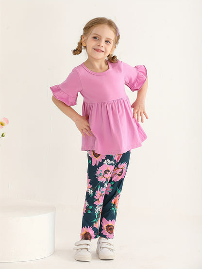 KuKitty Toddler Baby Girl Clothes Solid Color Flared Sleeve Ruffle Tops Sunflower Print Pants Outfits Set, Perfect for Outdoor