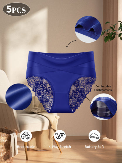 5pcs Women's High-Waisted Tummy Control Briefs- Elegant Lace Detailing, Soft& Elastic Seamless Design, Full Coverage, No-Roll, Breathable& Comfortable, Multi-Pack with Vibrant Colors, Essential for Daily Wear