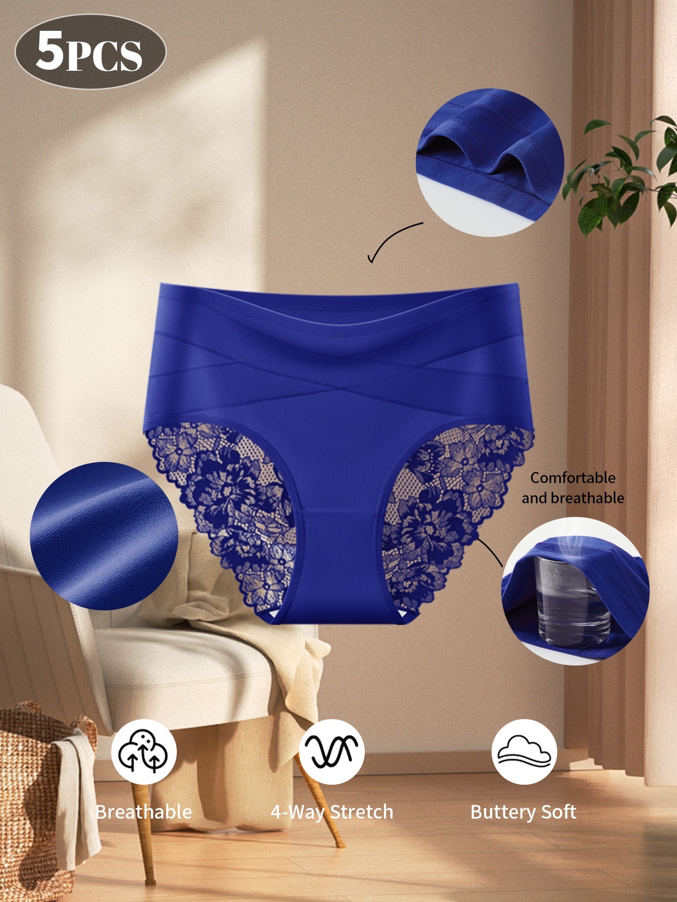 5pcs Women's High-Waisted Tummy Control Briefs- Elegant Lace Detailing, Soft& Elastic Seamless Design, Full Coverage, No-Roll, Breathable& Comfortable, Multi-Pack with Vibrant Colors, Essential for Daily Wear