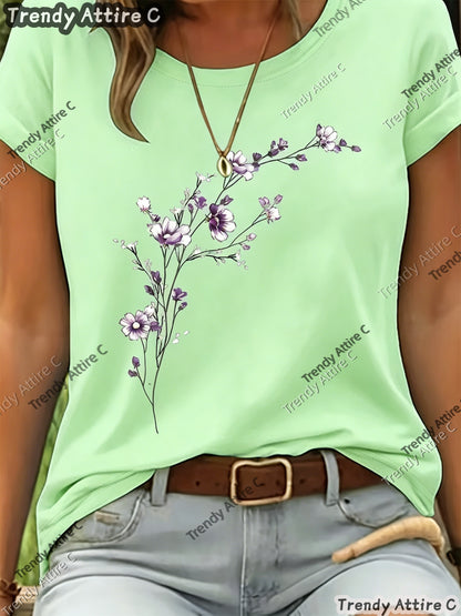 This Short-sleeved T-shirt Features A Purple Floral Print with A Horizontal Branch Pattern. It Has A Regular Fit And A Round Neck, Making It A Suitable Gift for Spring/summer. Perfect for Outdoor Casual Wear