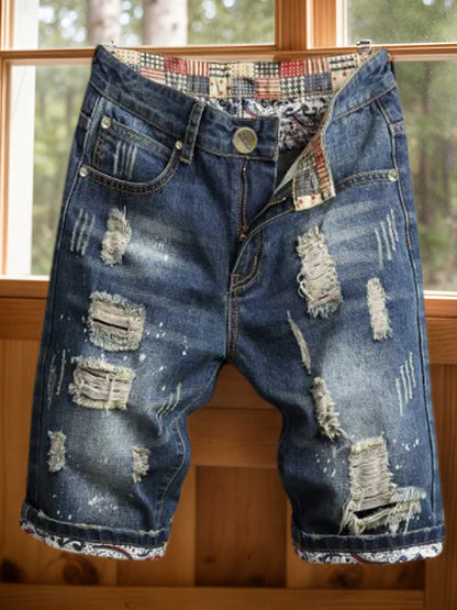 Men'S Ripped Jeans Distressed Ripped Slim Straight-Leg Jeans Stylish Shorts Trendy Loose-Fitting Ripped Straight-Leg Mid-Calf Pants Men Slim-Fit Jeans Durable Fabric