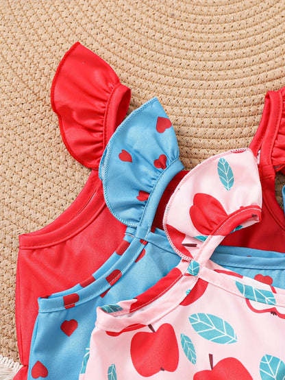 Set of 3 Girls' Casual Jumpsuits Featuring a Pink Fruit Print, a Blue Love Pattern, And a Solid Color for Spring And Summer, for Outdoor