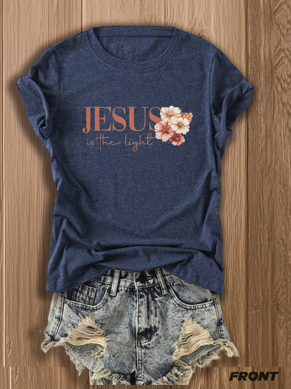 Jesus Floral Cross Double-Sided Print T-shirt - Stylish Faith-Inspired Design for Casual Wear, Perfect for Christian Women, Trendy and Comfortable -blend T-shirt with Double-sided Print