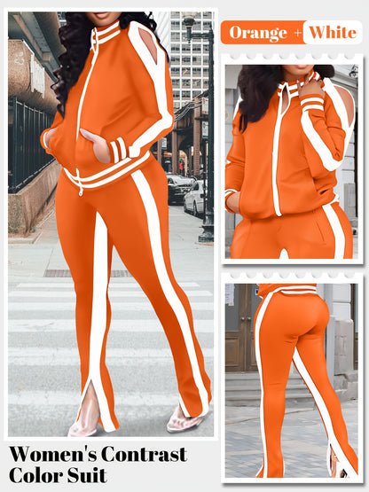 Women's 2pcs Athletic Tracksuit Set, Striped Contrast Shoulder Slit Top & Zipper Hem Sporty Pants, Activewear Lounge Set