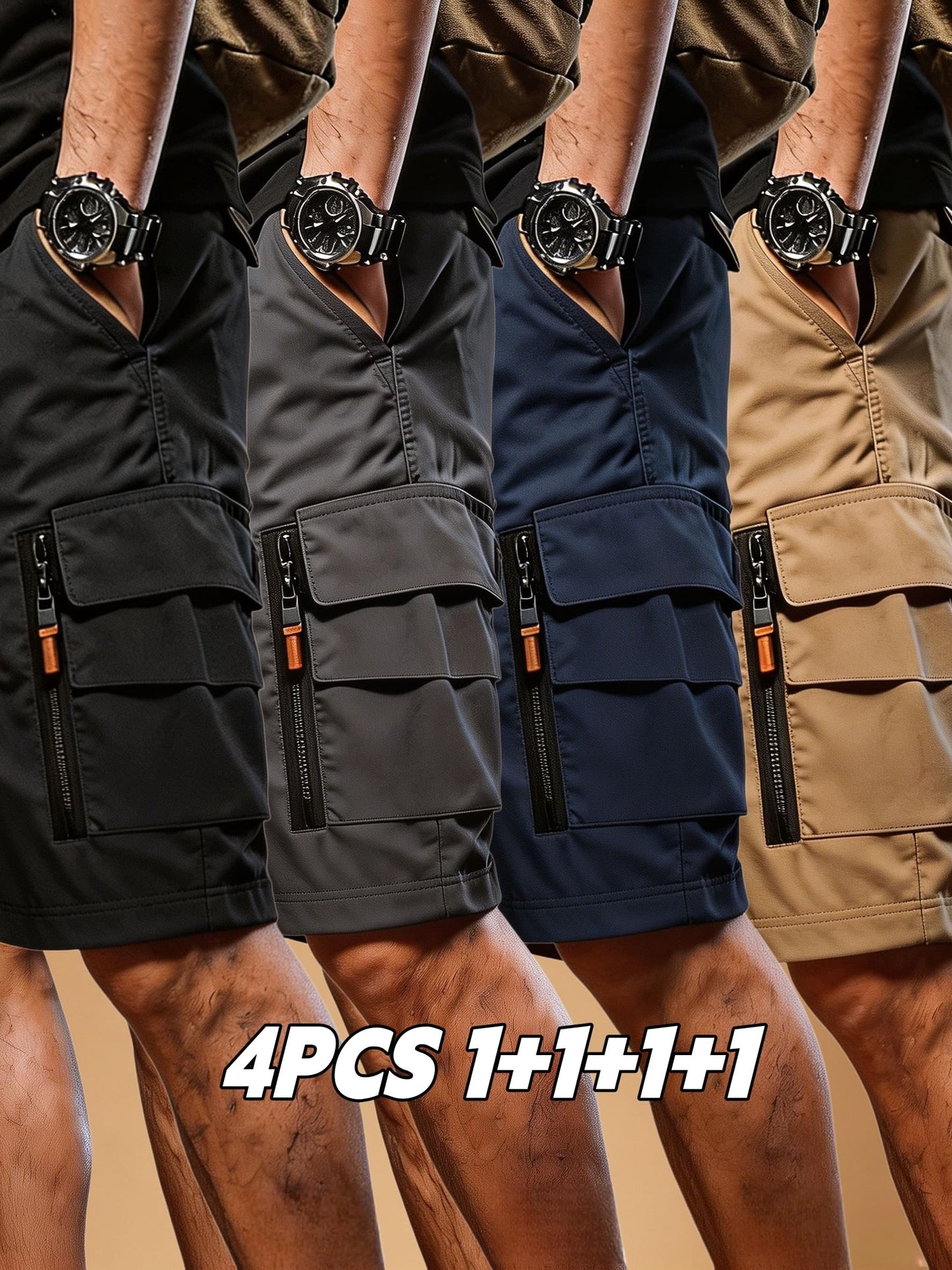 4 pc Men Summer Cargo Shorts Elastic Drawstring Multi Zipper Pockets Lightweight Quick Dry Athletic Shorts Casual Workout Hiking Running Outdoor Sweat Shorts Ideal Gift for Men Guys
